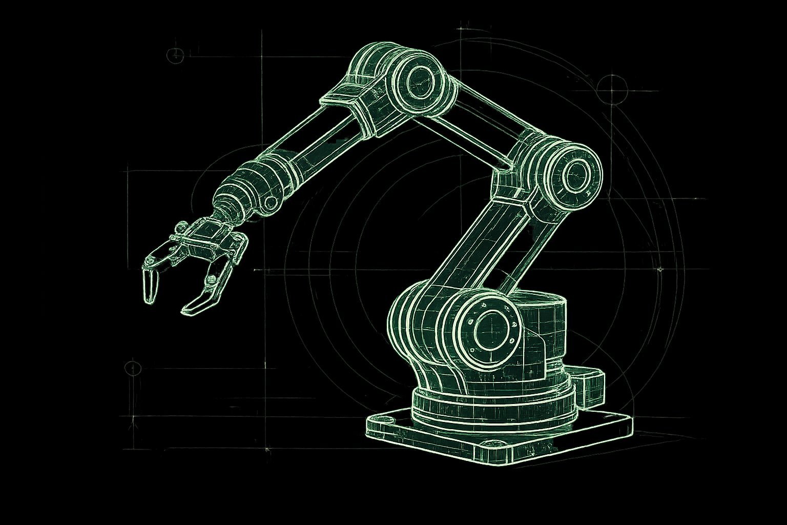 Wireframe blueprint illustration of an industrial robotic arm with gripper