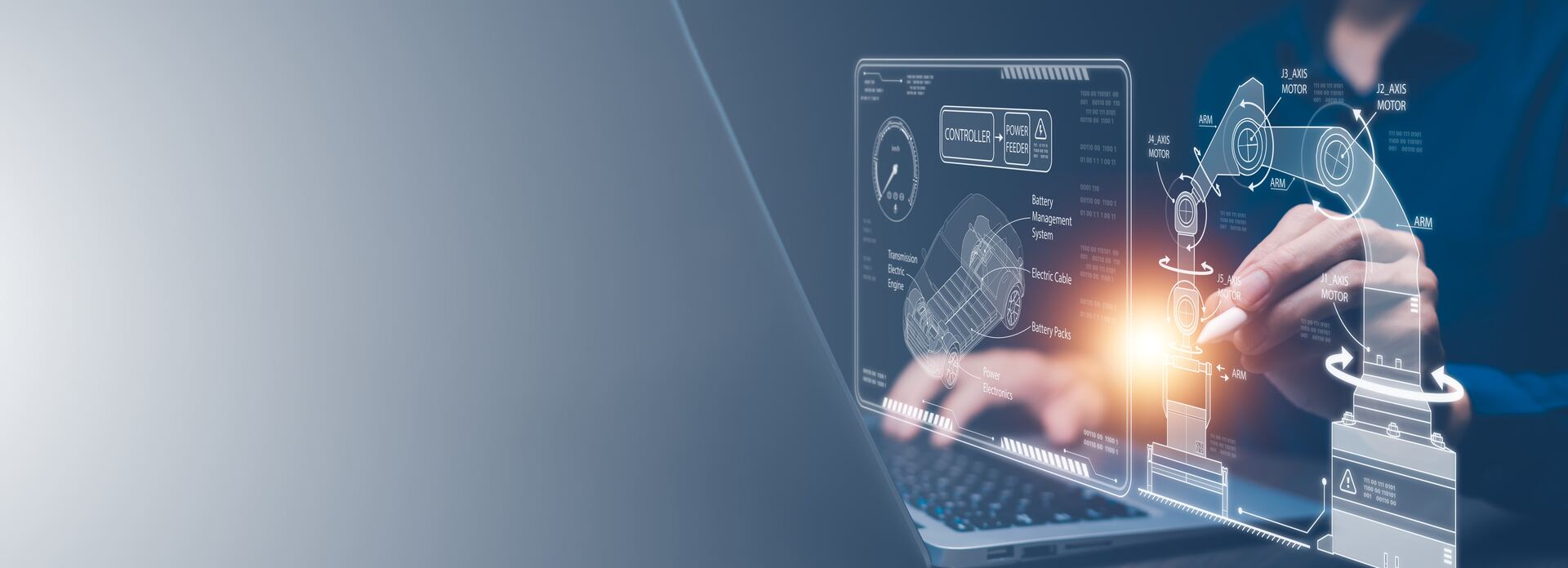 Engineer analyzing system diagrams on a laptop with overlaid technical data